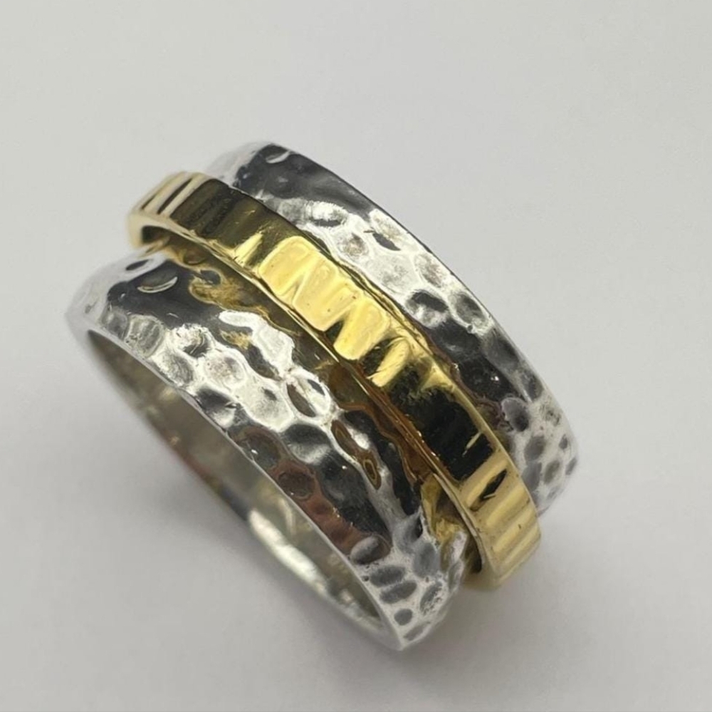 Vintage Silpada Spinner Ring Hammered Sterling Silver & 14K Gold Plated Size 8